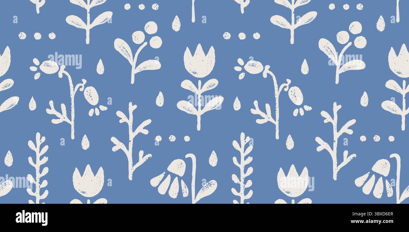 Nahtloses Vektor-Vintage-Blumenmuster im skandinavischen Stil. Nahtloses Retro-Muster mit Grunge-Blüten und Beeren. Blau und weiß. Stock Vektor