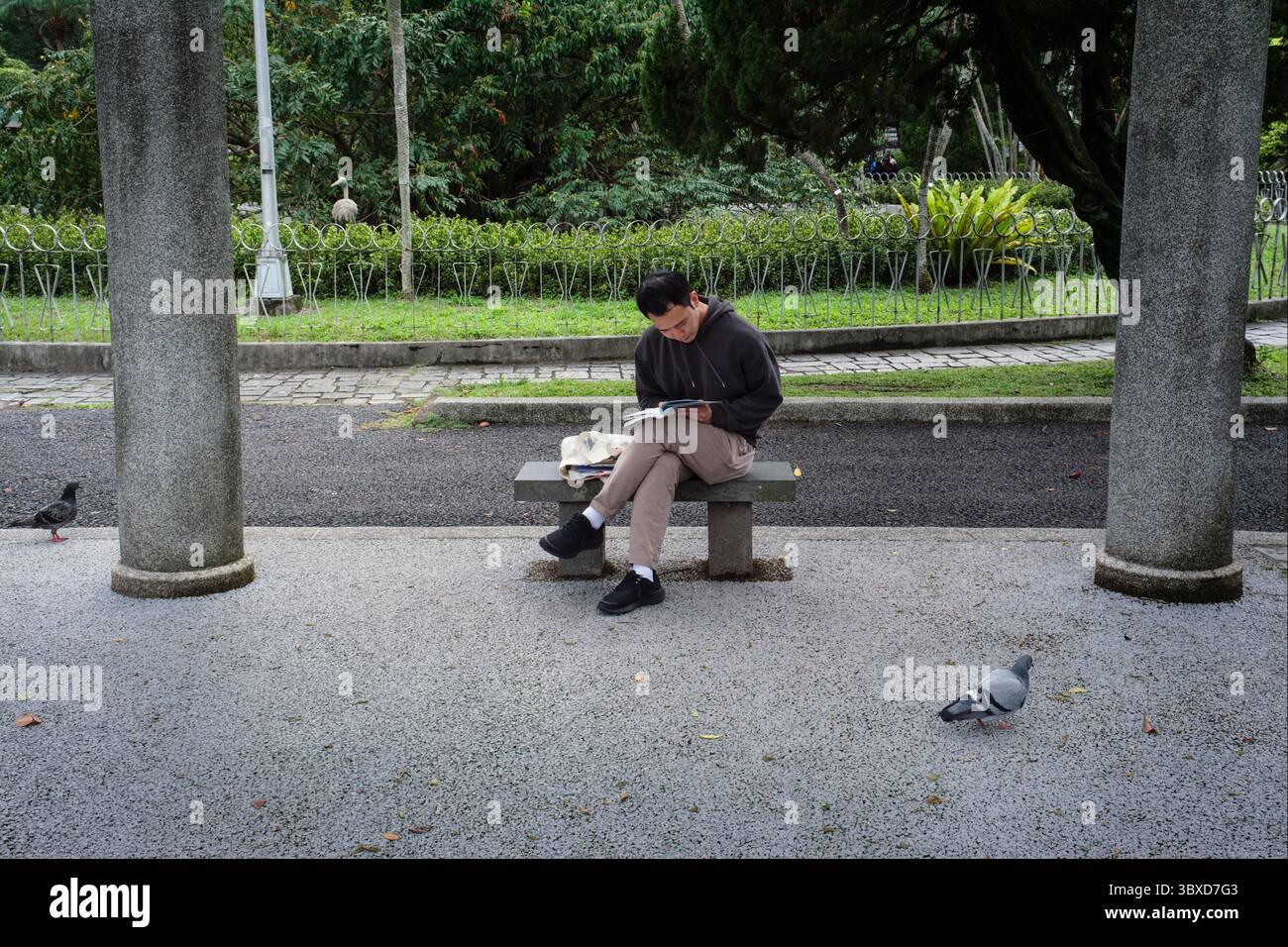 Ein Mann findet eine ruhige Ecke zum Lesen eines Buches im Peace Memorial Park von 228 in Taipei, Taiwan, 2025 Stockfoto
