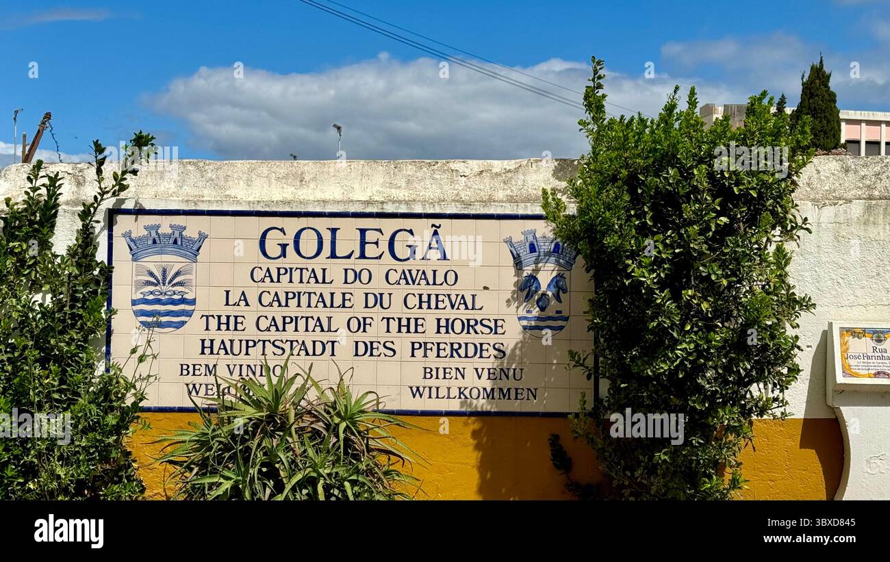 Schild für die Stadt Golegã, die als Hauptstadt des Pferdes im Bezirk Santarem Portugal gilt - Smartphone-aufgenommenes Stockfoto