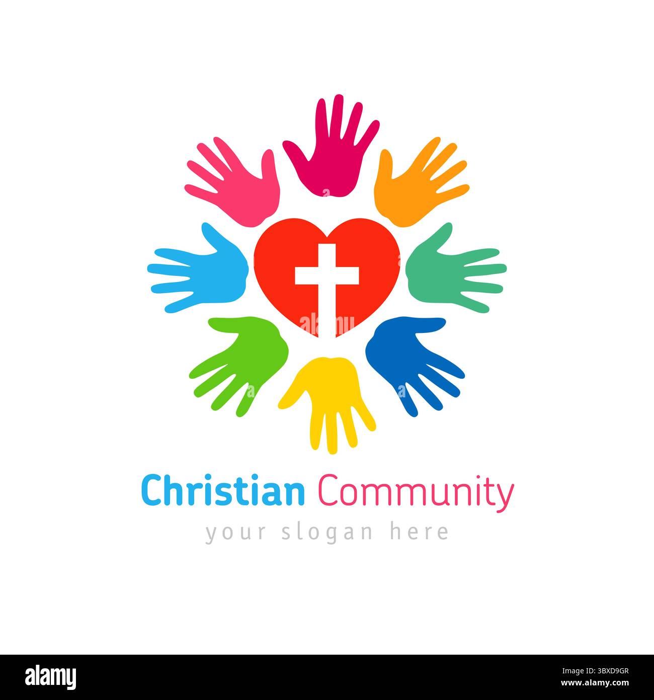 Kreatives Branding-Konzept christlicher Gemeinschaft. Niedliches Herz mit isoliertem Kreuz und bunten Palmen. T-Shirt- oder Bannerdesign. Kirchenprojekt Stock Vektor