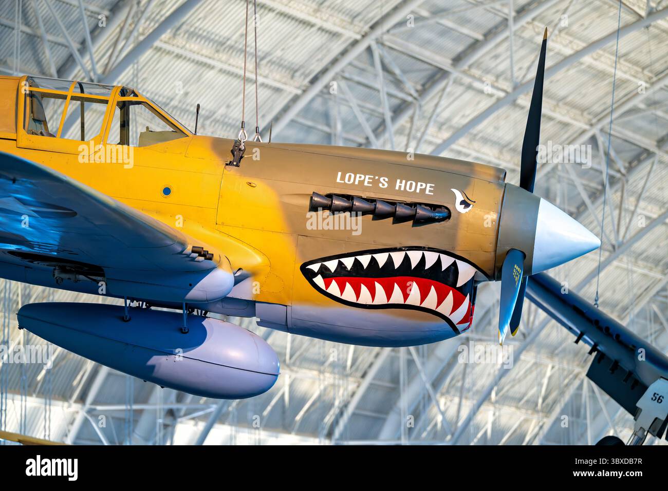CHANTILLY, Virginia — das Curtiss P-40E Warhawk Kampfflugzeug zeigt die unverwechselbare Haifischschnasen-Kunst, die mit den Flying Tigers im Boeing Aviation Hangar im Steven F. Udvar-Hazy Center assoziiert ist. Dieses einmotorige, einsitzige Jagdflugzeug erwies sich in der ersten Hälfte des Zweiten Weltkriegs als vielseitig und diente in verschiedenen Theatern, darunter in China, wo General Claire Chennault's American Volunteer Group gegen japanische Streitkräfte flog. Curtiss-Wright baute dieses Flugzeug als Modell 87-A3 und lieferte es 1941 als Kittyhawk I nach Kanada, wo es mit der No. 111 Squadron der Roya diente Stockfoto