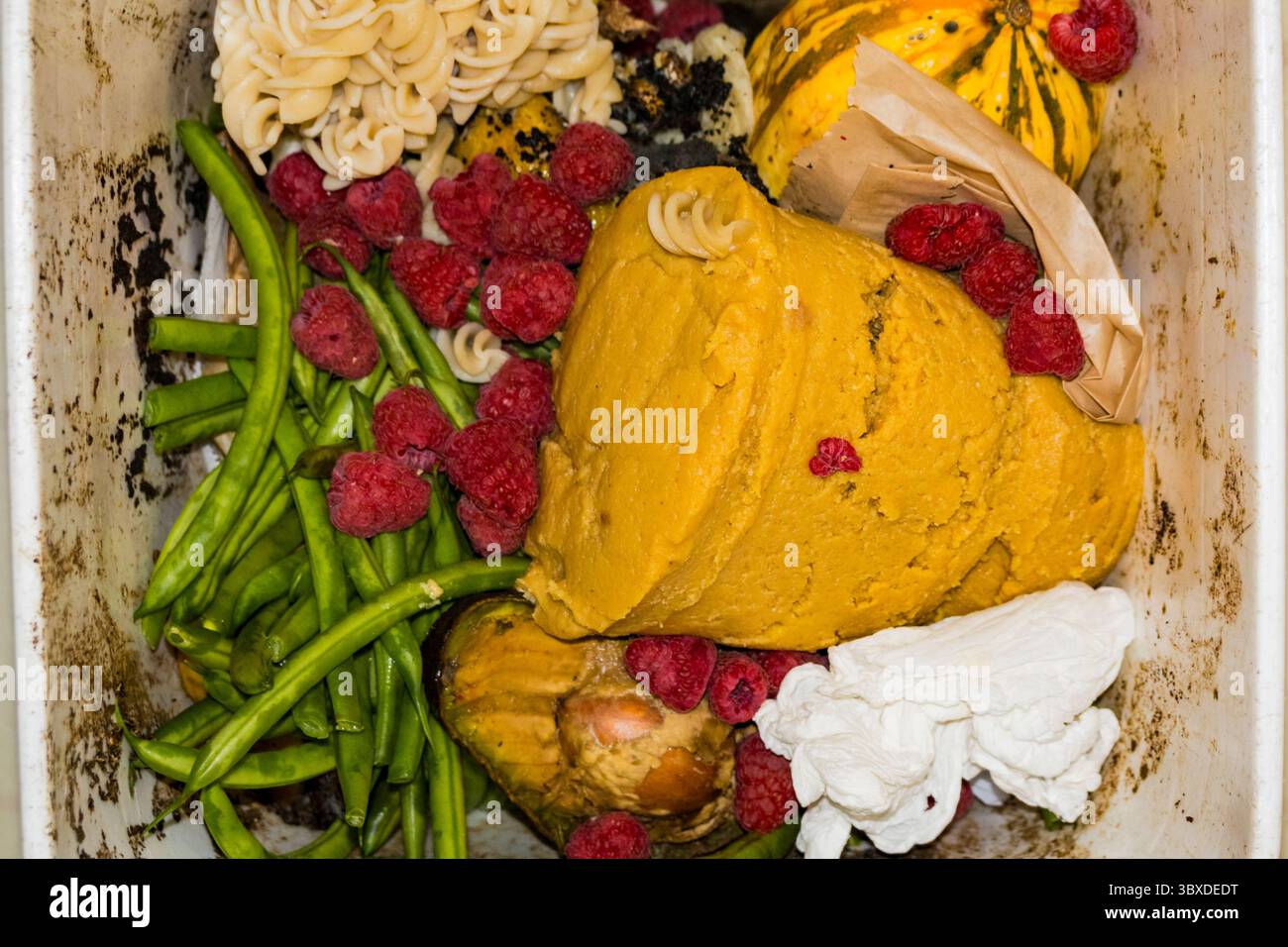Inhalt eines Kompostbehälters, weggeworfene Lebensmittel, Obst, Gemüse und Nudeln. Stockfoto