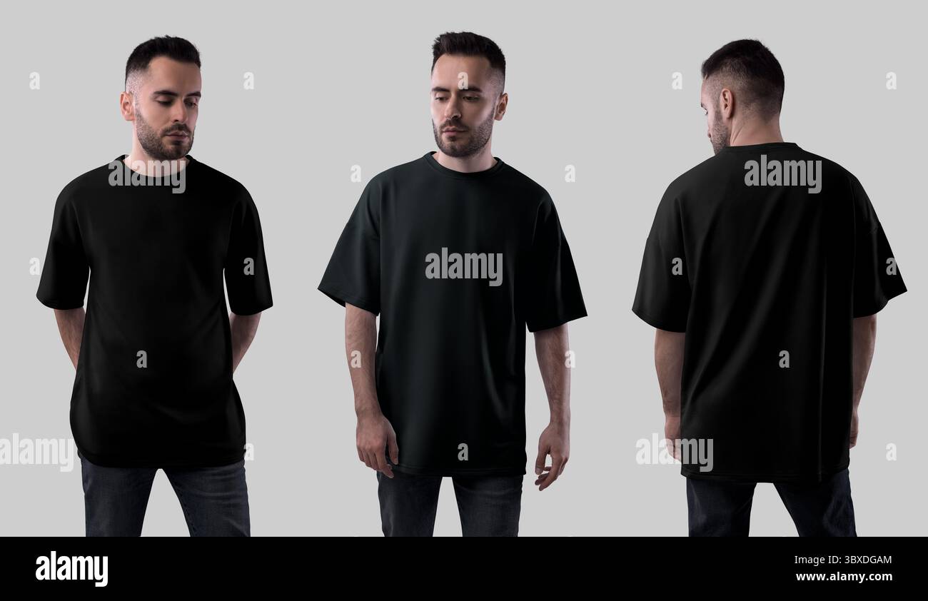 Modell eines schwarzen übergroßen T-Shirts auf bärtigen Kerl, vorne, hinten, Kleidung isoliert auf Hintergrund. Set von Herrenhemden. Streetwear-Vorlage für Männer Stockfoto