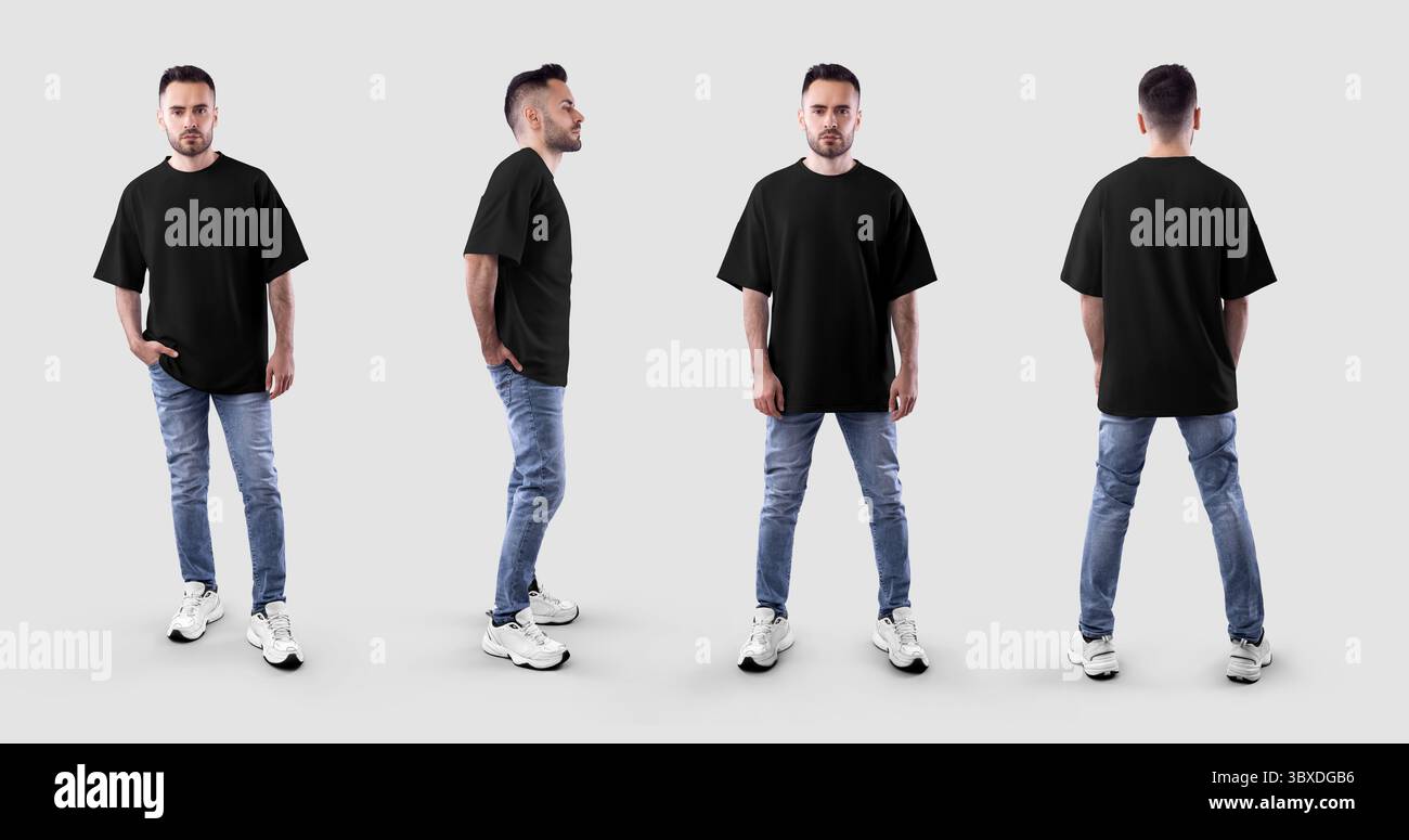 Vorlage eines schwarzen T-Shirts auf bärtigen Kerl in voller Höhe, vorne, Seite, hinten, für Design, Musterdruck, Branding, Werbung. Set von Herrenhemden Stockfoto