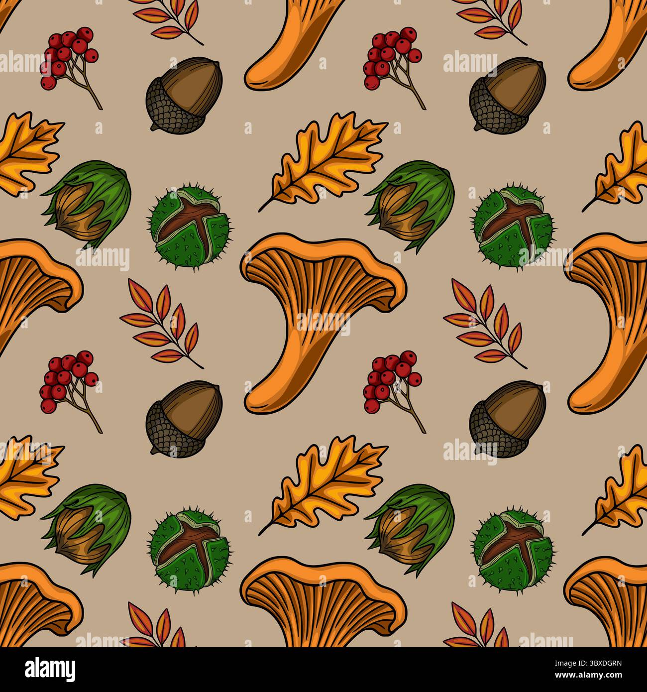 Nahtloses Vektormuster mit lebhaften herbstlichen Elementen: Pfifferlingen, Eicheln, Kastanien, Eichenblätter und Beeren, Schaffung eines Reichen und de Stock Vektor