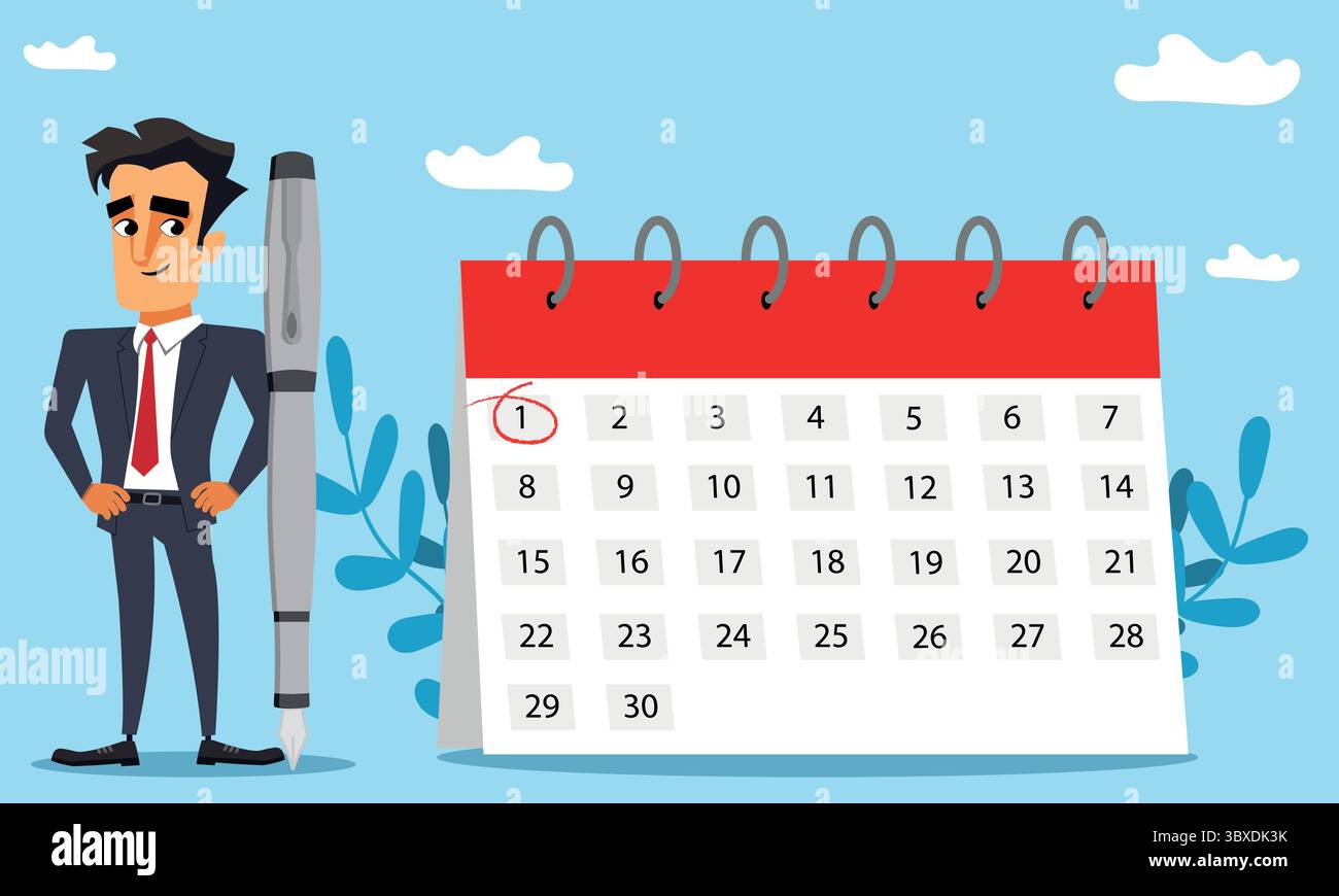 Geschäftsmann, der neben einem Kalender steht, Zeitmanagement- oder Geschäftstreffen-Konzepte, Veranstaltungsplaner Stock Vektor Geschäftsmann, der neben einem Kalender steht, Zeitmanagement- oder Geschäftstreffen-Konzepte, Veranstaltungsplaner Stock Vektor