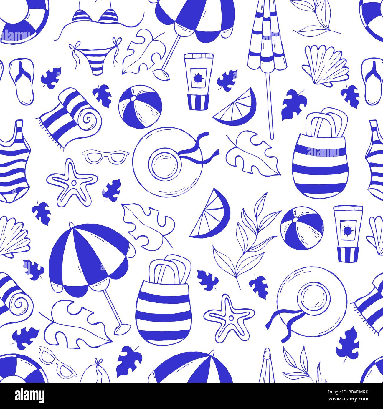 Dolce vita. Mediterrane italienische Ästhetik nahtloses Muster mit Sommerurlaub am Strand auf weißem Hintergrund. Markanter blauer Vintage-Look mit minimalem Hintergrund Stock Vektor