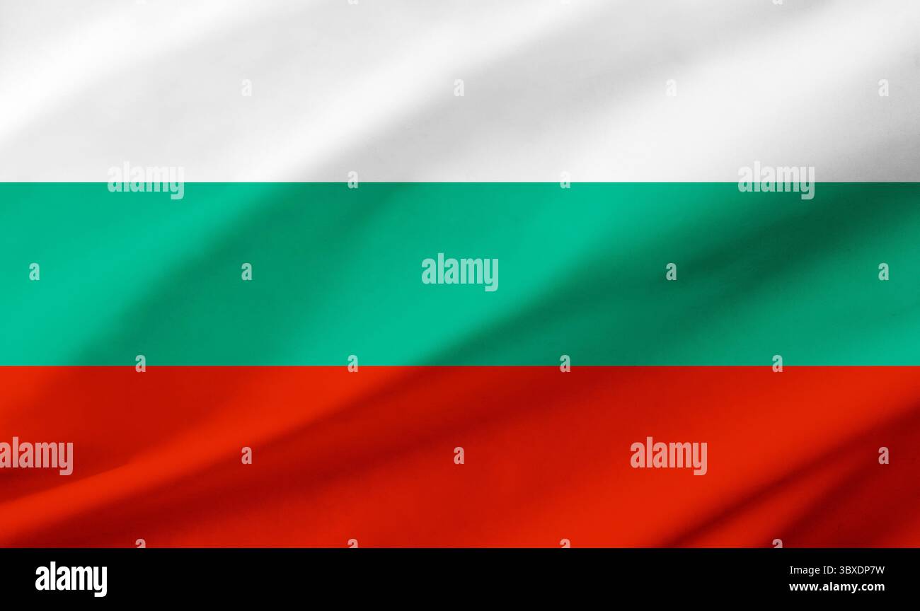 Hintergrunddetails der bulgarischen Flagge, die den gesamten Rahmen mit gewellter Textur besetzt. Stockfoto