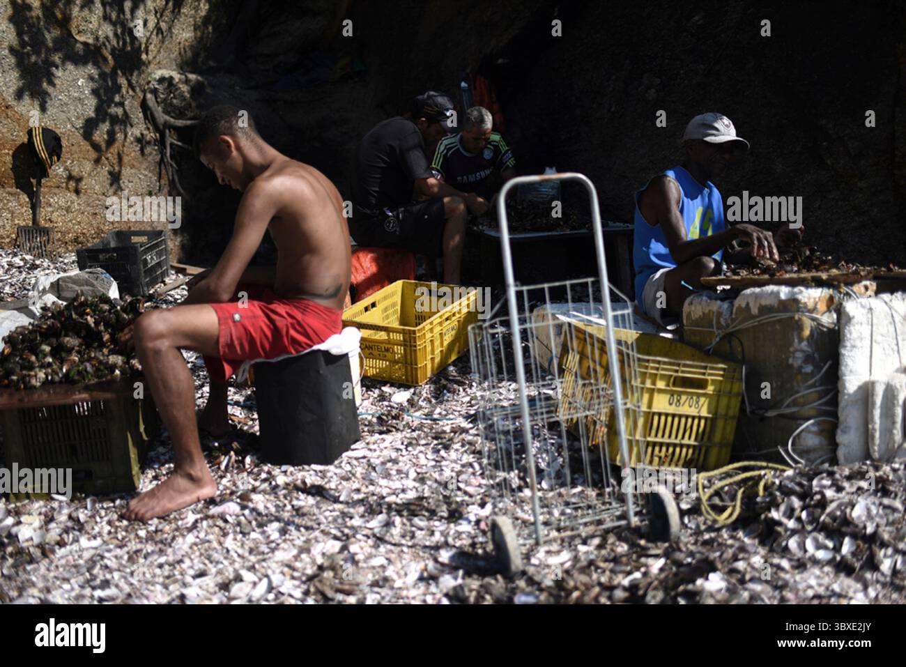 15. Oktober 2021, Rio de Janeiro, Rio de Janeiro, Brasilien: RIO DE JANEIRO, BRASILIEN â€“ 16. OKTOBER 2021, Rio de Janeiro, Rio de Janeiro Diskriminierung und Arbeit in verschmutztem Wasser: das Leben der Muschelsammler in Rio de Janeiro kämpfen Muschelfischer gegen die Verschmutzung der Guanabara Bay, inmitten der Corona-Virus-Covid19-Pandemie, die mehr als 602.000 Menschen tötete, sie versuchen zu überleben, Hunger, Armut und Arbeitslosigkeit im Land haben zugenommen, einige sind wegen Covid19 gestorben, Muschelpflücker arbeiten in Höhlen und tauchen mit Styroporschaum an ihren Füßen gebunden. Am Ufer sind sie c Stockfoto