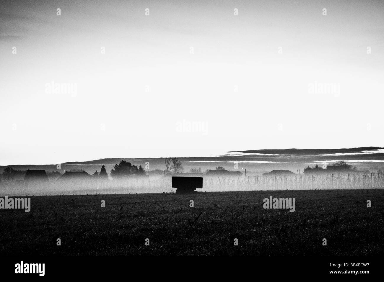 Eine atmosphärische Schwarzweißfassung einer geheimnisvollen Struktur, die aus dem Nebel auftaucht. Dieses eindrucksvolle Bild vermittelt Einsamkeit, Intrige. Stockfoto