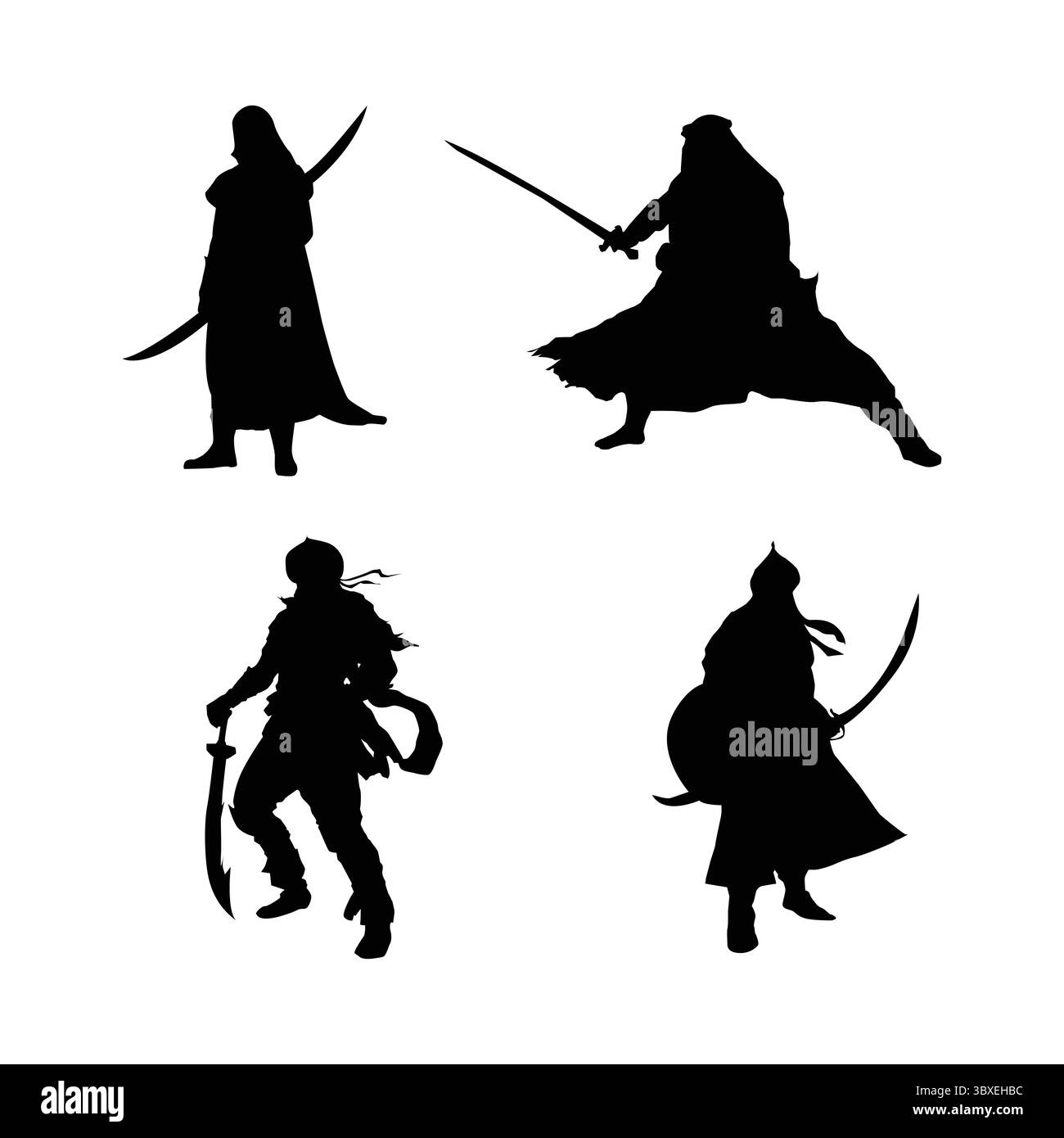 Schwarze Silhouetten der arabischen Krieger und Sultane auf weißem Hintergrund Vol 03 Stock Vektor
