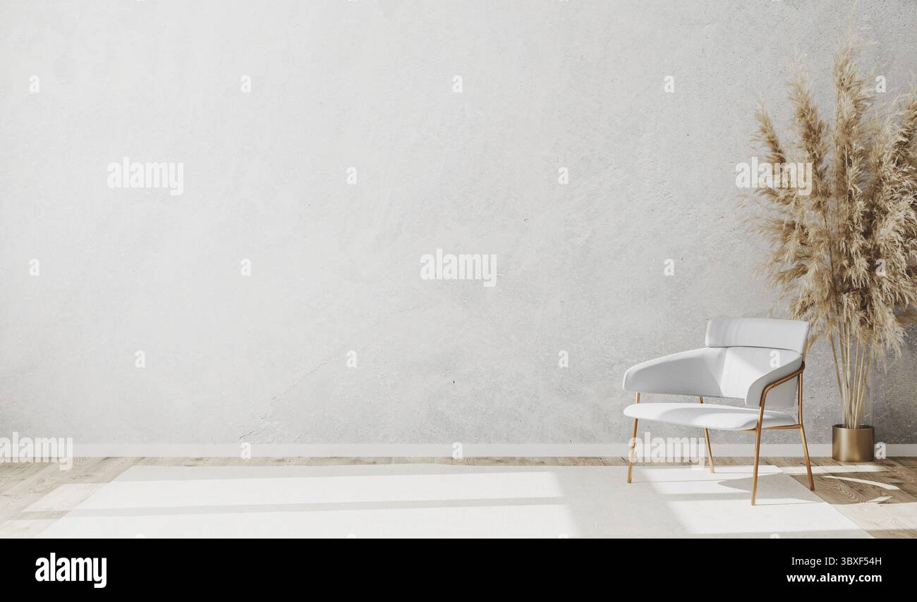 Helles, minimalistisches, zeitgemäßes, leeres Raumdesign mit luxuriösem weißen Stuhl auf Holzparkettboden und weißer dekorativer Gipswand, leeres Zimmer Stockfoto