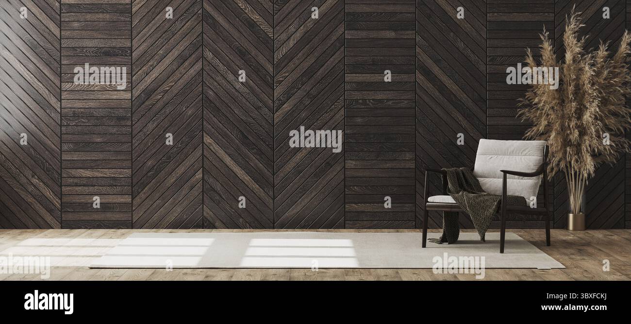 Leeres modernes Zimmer Innenmock up mit Holz dekorativen Panel an der Wand und Holzstuhl mit Decke, Wohnzimmer Innenhintergrund, 3d-Renderi Stockfoto