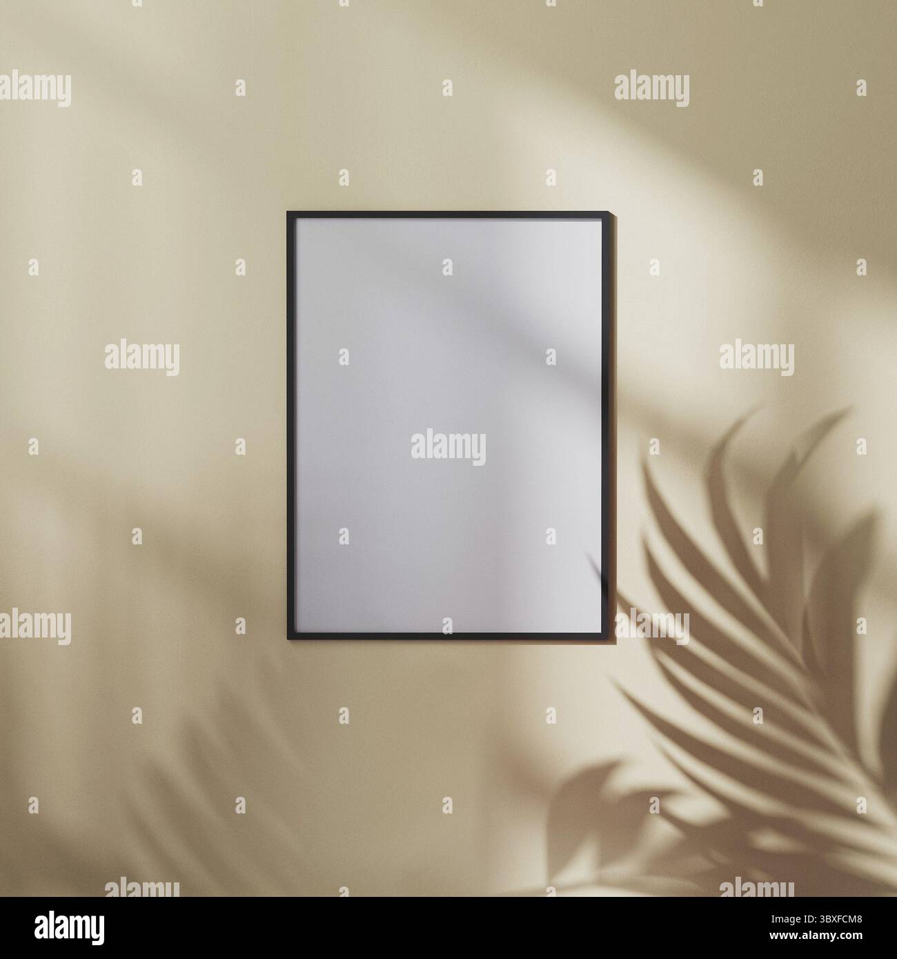 Leerer Posterrahmen auf einer braunen Wand in Erdtönen mit Palmblattschatten, 3D-Illustration Stockfoto