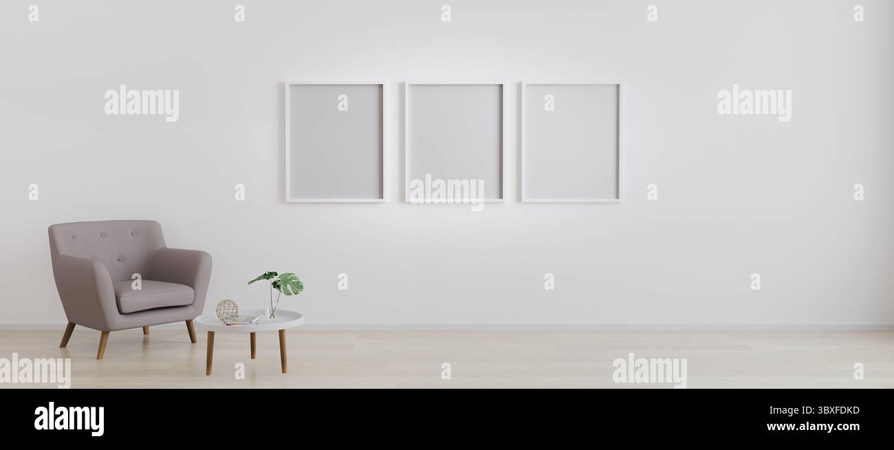 Drei leere Rahmen mit Sessel mit weißem modernen Couchtisch mit Dekoration in hellen Raum für mockup. Wohnzimmer mit 3 leeren Rahmen für Mockup. Stockfoto