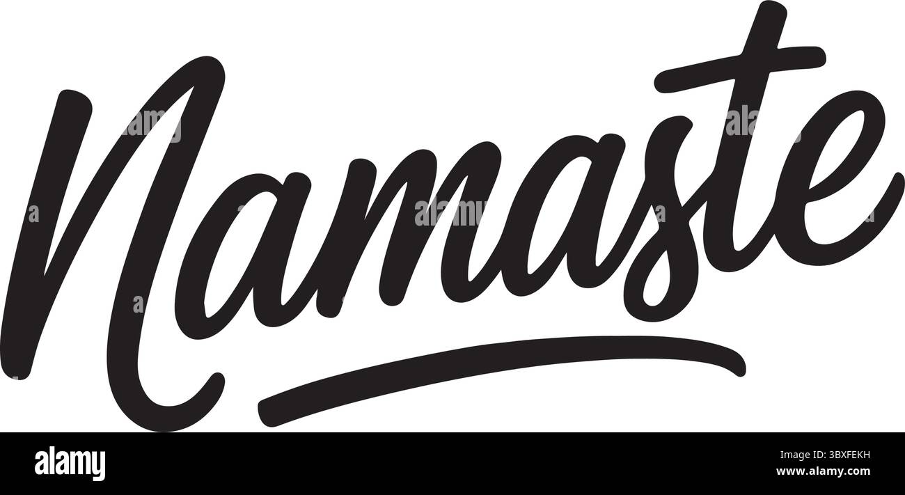 Das Wort Namaste wird in anmutiger Kursivschrift dargestellt und fängt das Wesen von Respekt und Begrüßung in einer friedlichen Atmosphäre ein, einlädt Achtsamkeit und tr Stock Vektor