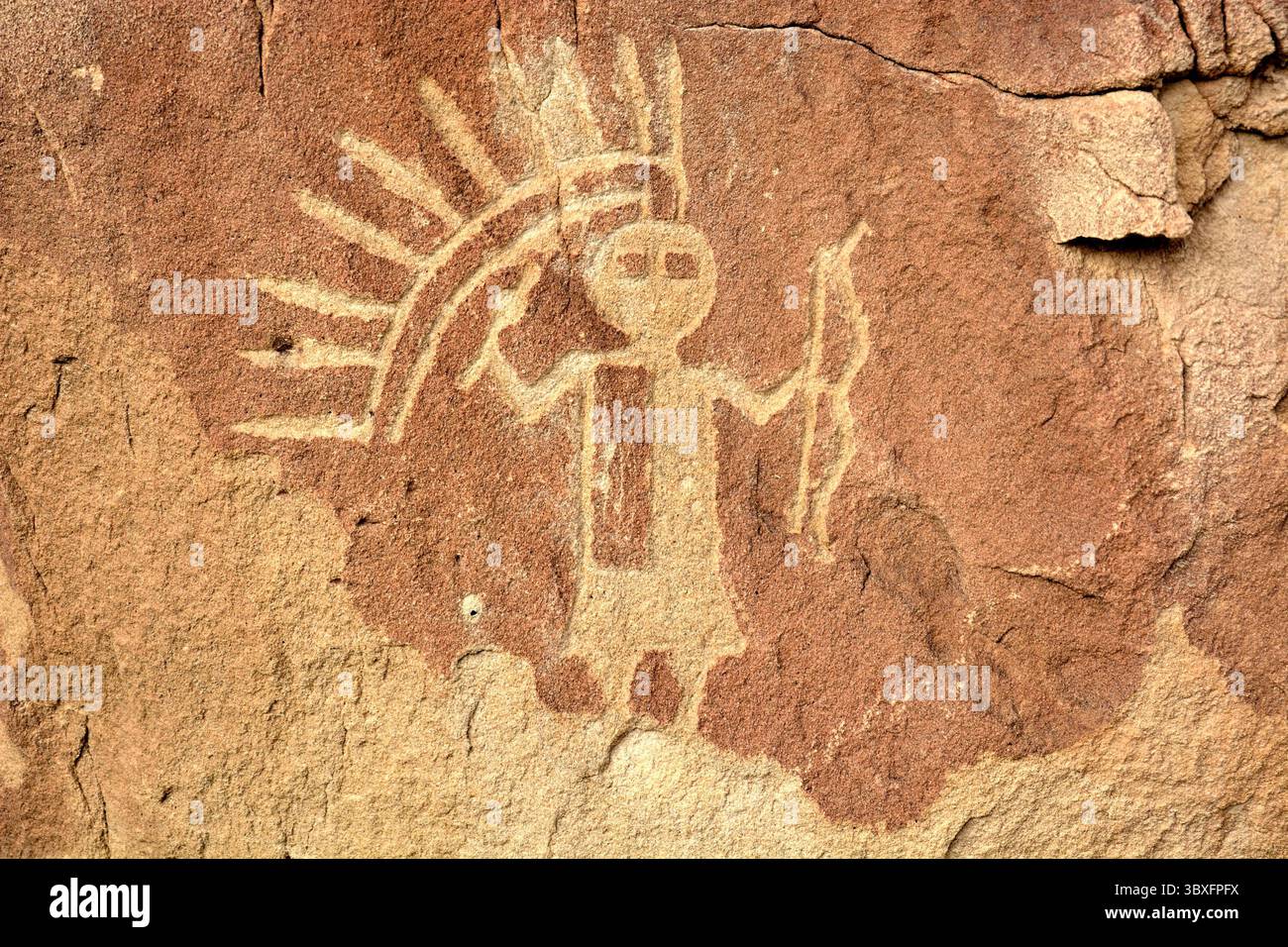 Crow Canyon Petroglyph, New Mexico, USA – Indianer auf Sandstein Stockfoto