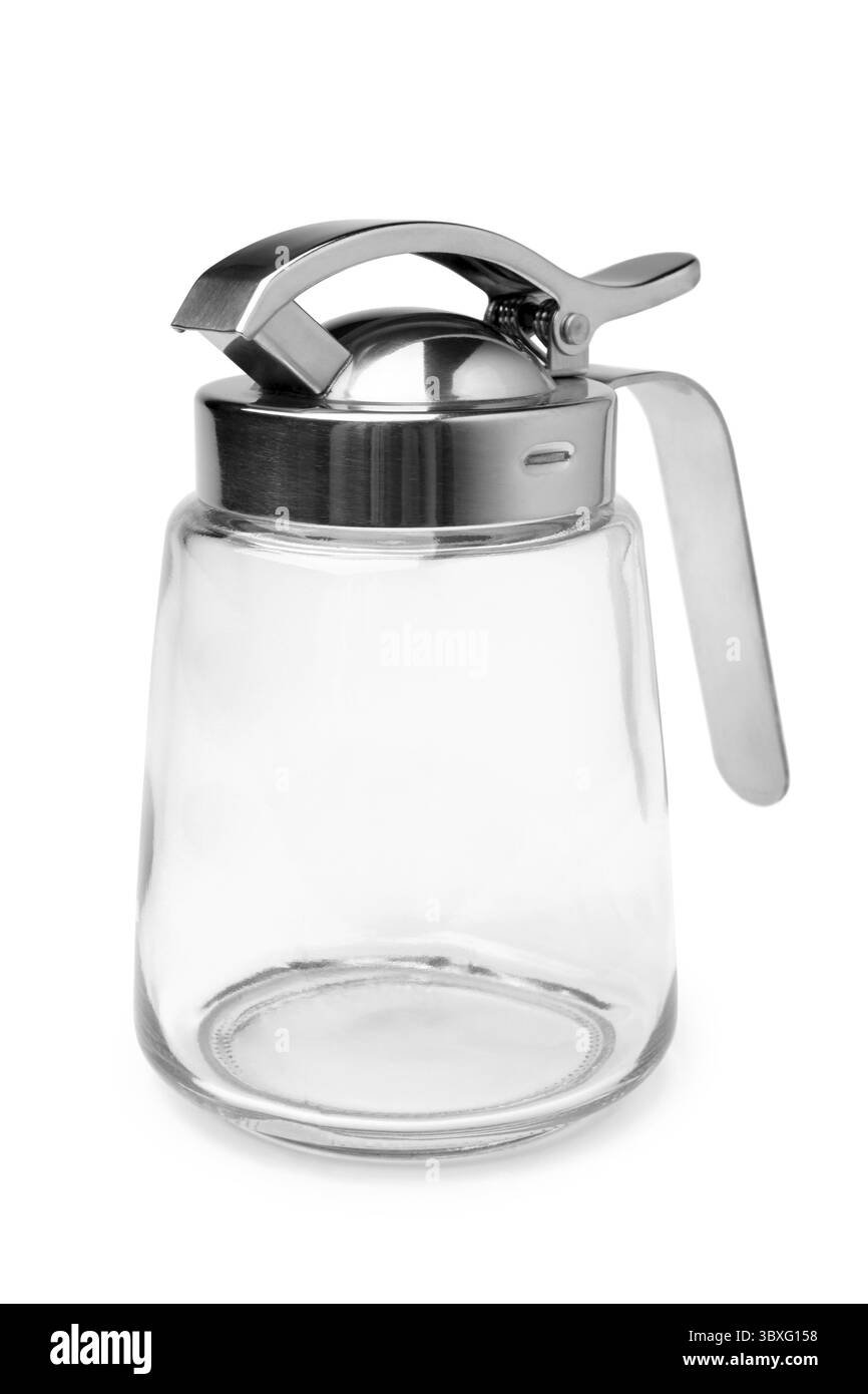 Spender für Sirup, Milch, Honig auf weißem Hintergrund Stockfoto