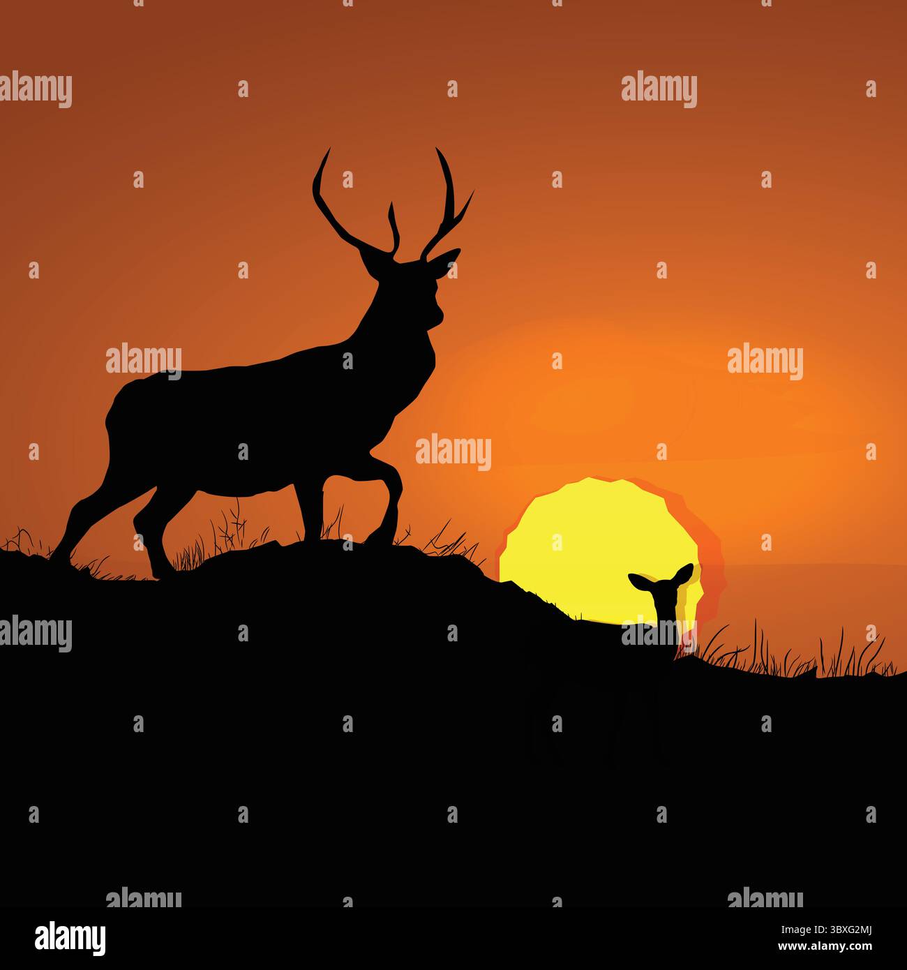 Hirsch Tier Sonnenuntergang Landschaft Vektor Illustration Stock Vektor
