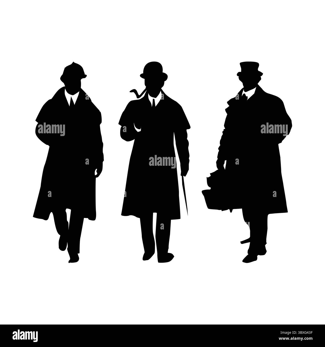 Detective Black Silhouette man Gun Illustration auf weißem Hintergrund Vol 02 Stock Vektor