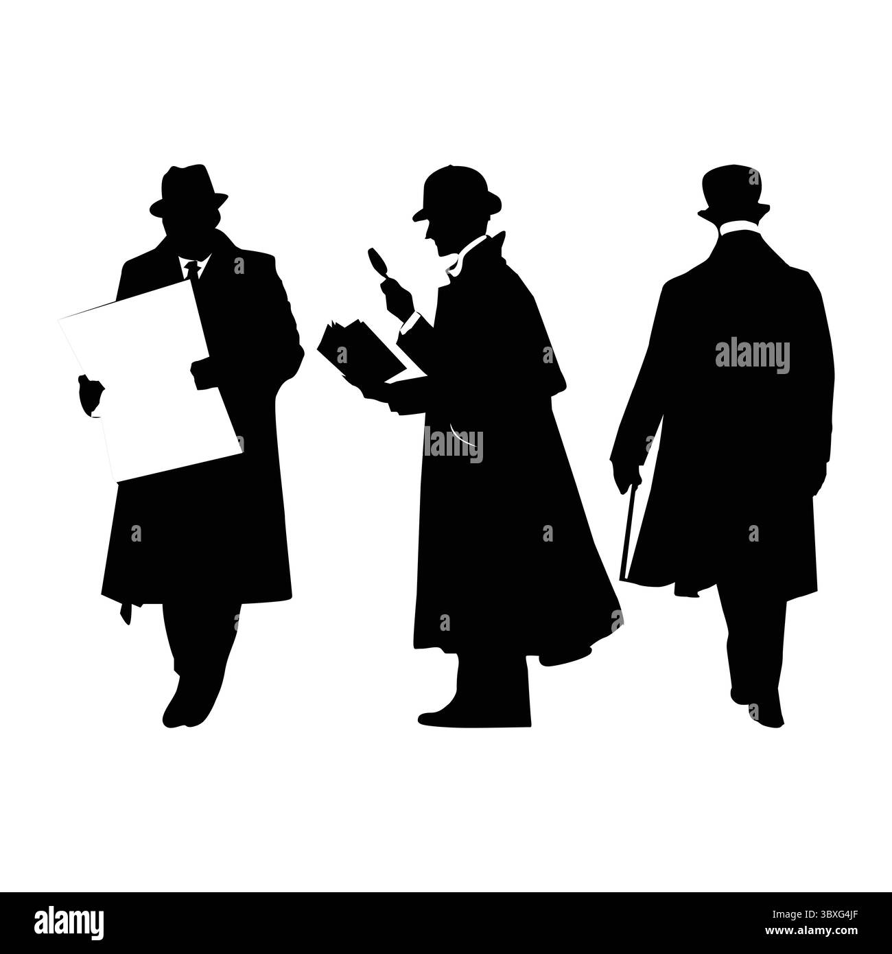 Detective Black Silhouette man Gun Illustration auf weißem Hintergrund Vol 04 Stock Vektor