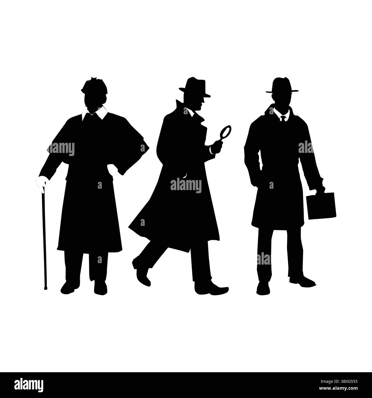 Detective Black Silhouette man Gun Illustration auf weißem Hintergrund Vol 06 Stock Vektor