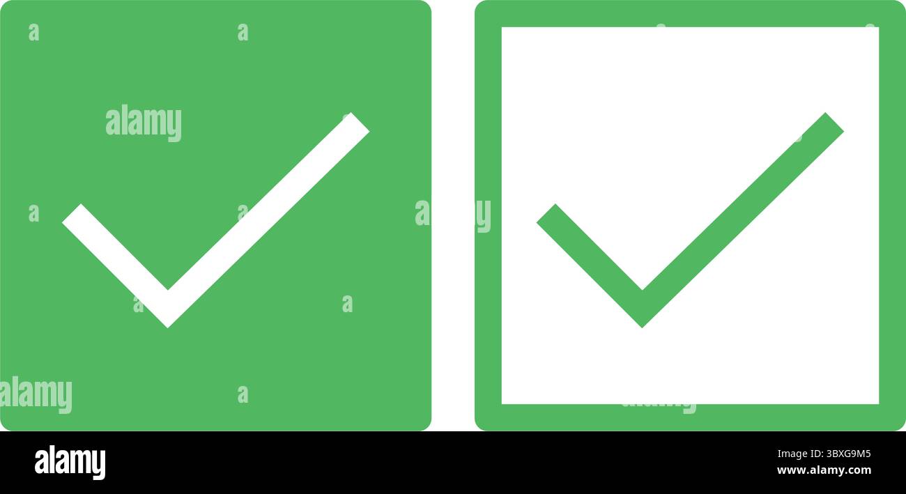 Ein Paar grüner Vektor-Kontrollkästchen mit einem ausgefüllten und einem umrissenen Symbol für Benutzeroberflächenelemente, Webformulare und UX-UI-Design-Projekte. Stock Vektor