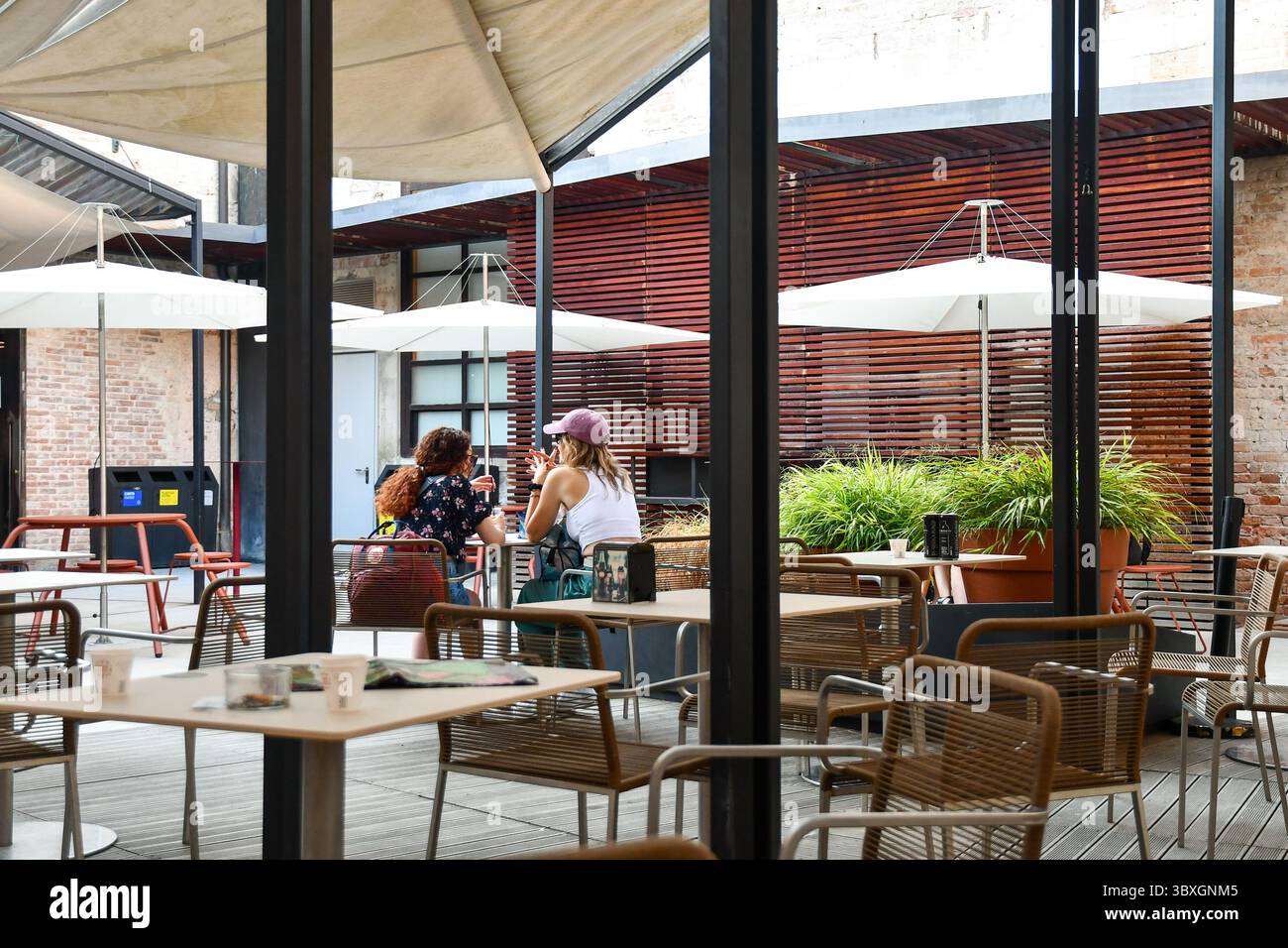 Zwei Frauen von hinten an der Bar im venezianischen Arsenal, während der Kunstbiennale von Venedig 2024, Venedig, Veneto, Italien Stockfoto