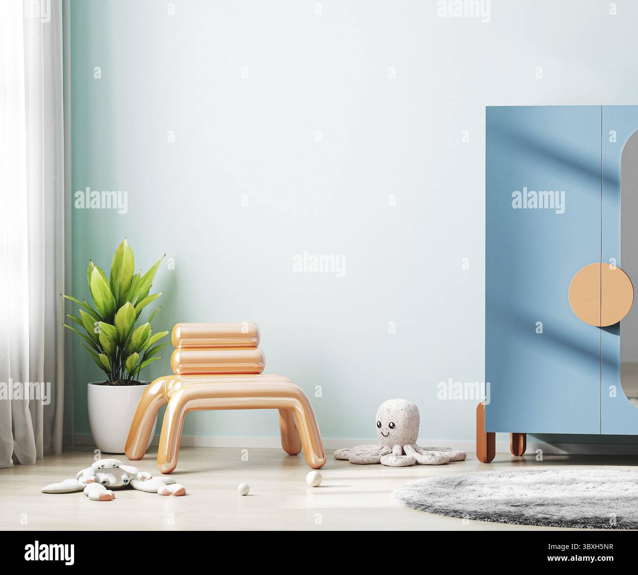 Kinderzimmer Inneneinrichtung mit blauen Wänden und bunten Möbeln, moderne Kinderzimmer Inneneinrichtung, Kinderzimmer, 3D Rendering Stockfoto