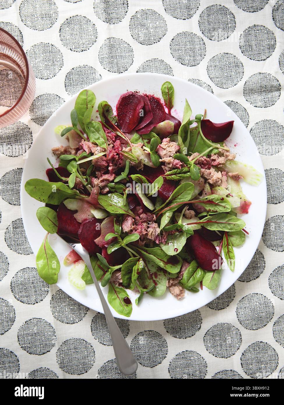 Gesunder, frischer Salat. Rote Bete, rote Mangold und Thunfischkonserven. Gesunde Mahlzeit Rezept Zubereitung. Gerichte auf pflanzlicher Basis. Grünes Leben. Vegetarische Rezepte. Stockfoto