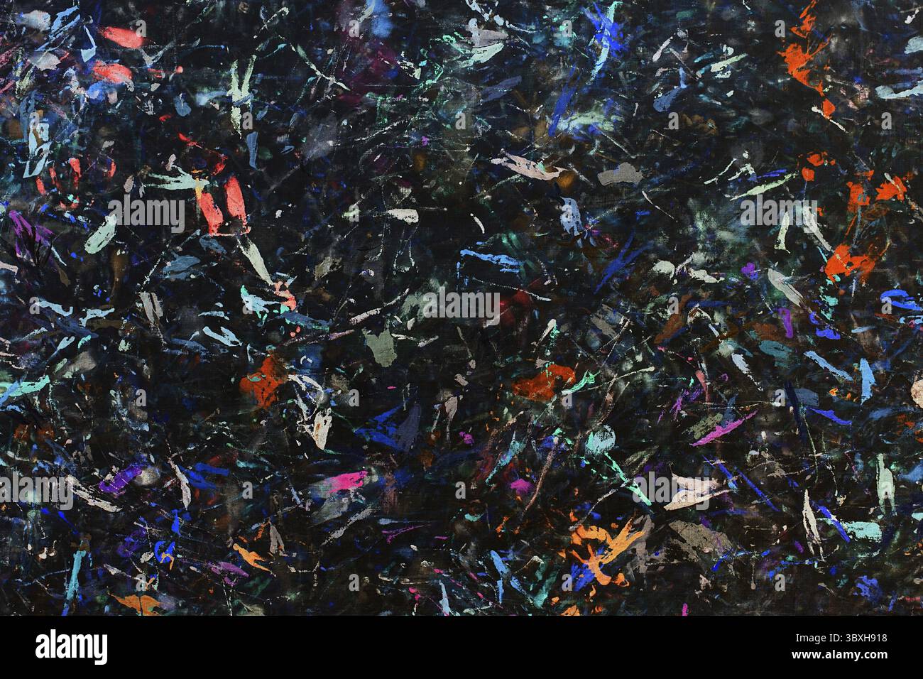 Abstrakter Malhintergrund. Farbstruktur. Pinselstriche von Farbe. Moderne Kunst. Zeitgenössische Kunst. Bunte Leinwand. Zufällige Wasserfarbe tropft. Pinselstriche Stockfoto