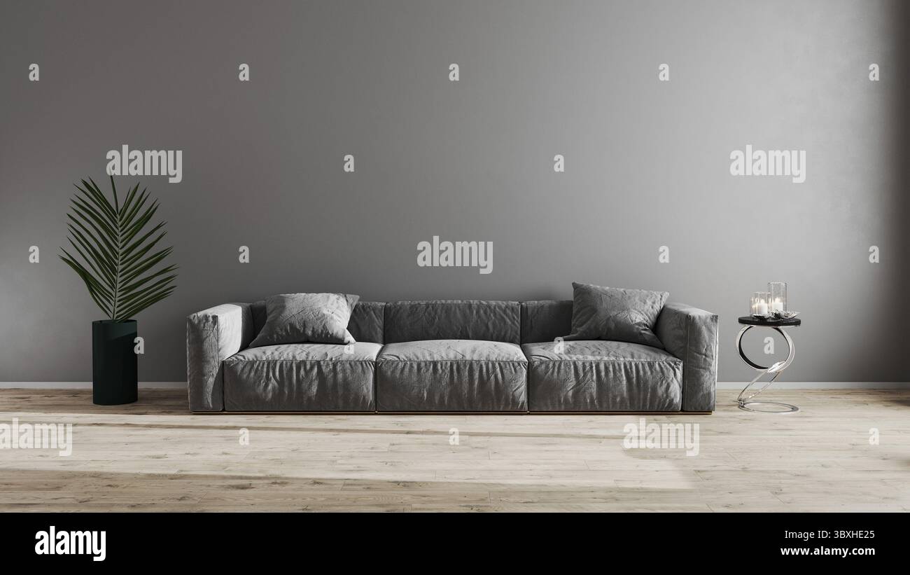 Helles, modernes Wohnzimmer mit grauem Sofa, grüner Pflanze und Couchtisch auf Holzlaminat. Skandinavischer Stil, gemütliche Inneneinrichtung im Hintergrund. Leuchtendes Design Stockfoto