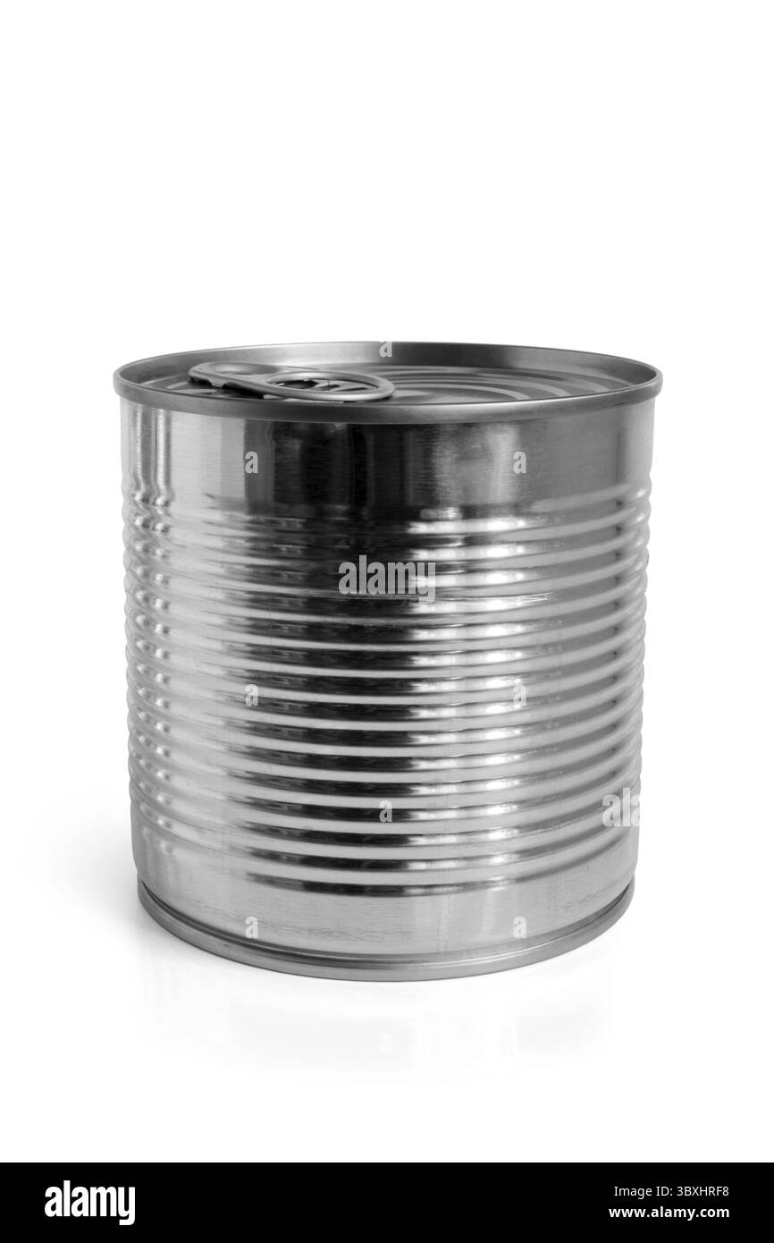 Geschlossene Lebensmittel Blechdose auf weißem Hintergrund Stockfoto