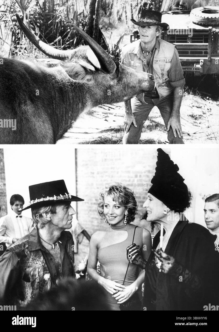 4. Januar 2021, USA: Paul Hogan, Linda Kozlowski, Montage, am Set des Films, „Crocodile Dundee“, Paramount Pictures, 1986 (Bild: © JT Vintage/Glasshouse Via ZUMA Press Wire) Stockfoto