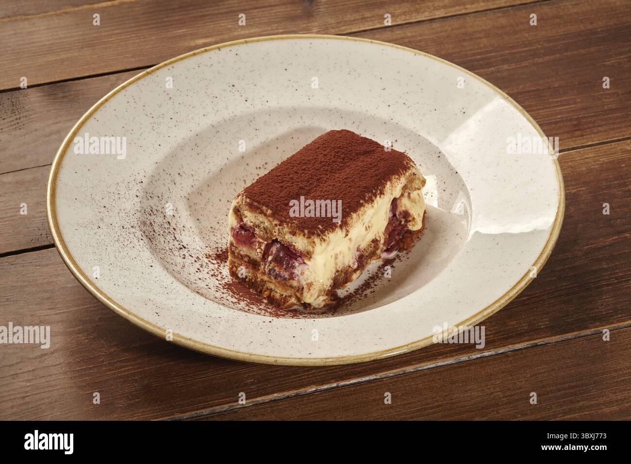 Genießen Sie ein Stück Tiramisu, ein klassisches italienisches Dessert mit Schichten von kaffeeingetränkten Marienfinger, Mascarponescreme und Kakaopulver Stockfoto