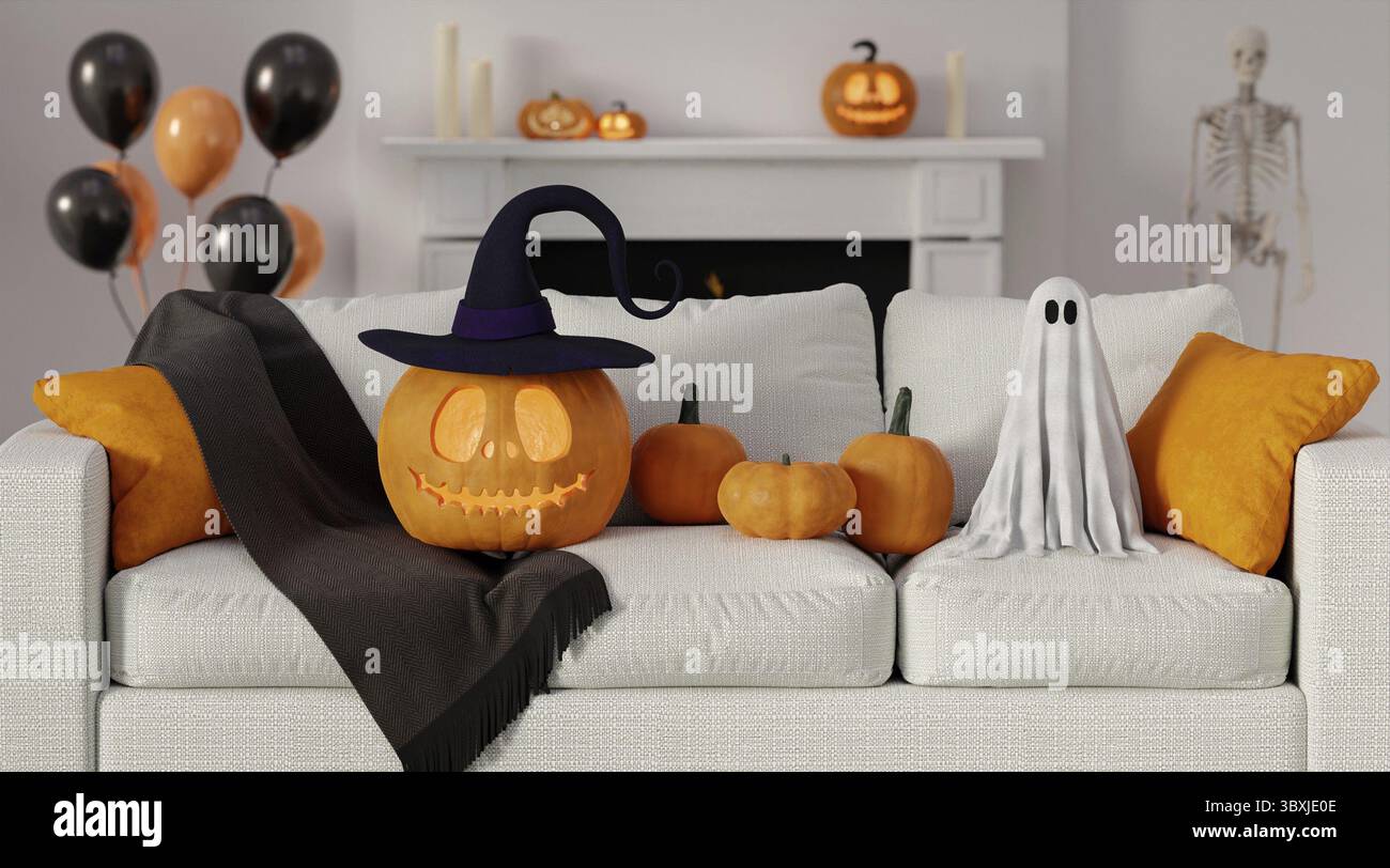 Ein 3D-Rendering eines Wohnzimmersofas, das mit einem Hexenhut Kürbis, Geist und Ballons dekoriert ist, sorgt für eine lustige und festliche Halloween-Atmosphäre Stockfoto