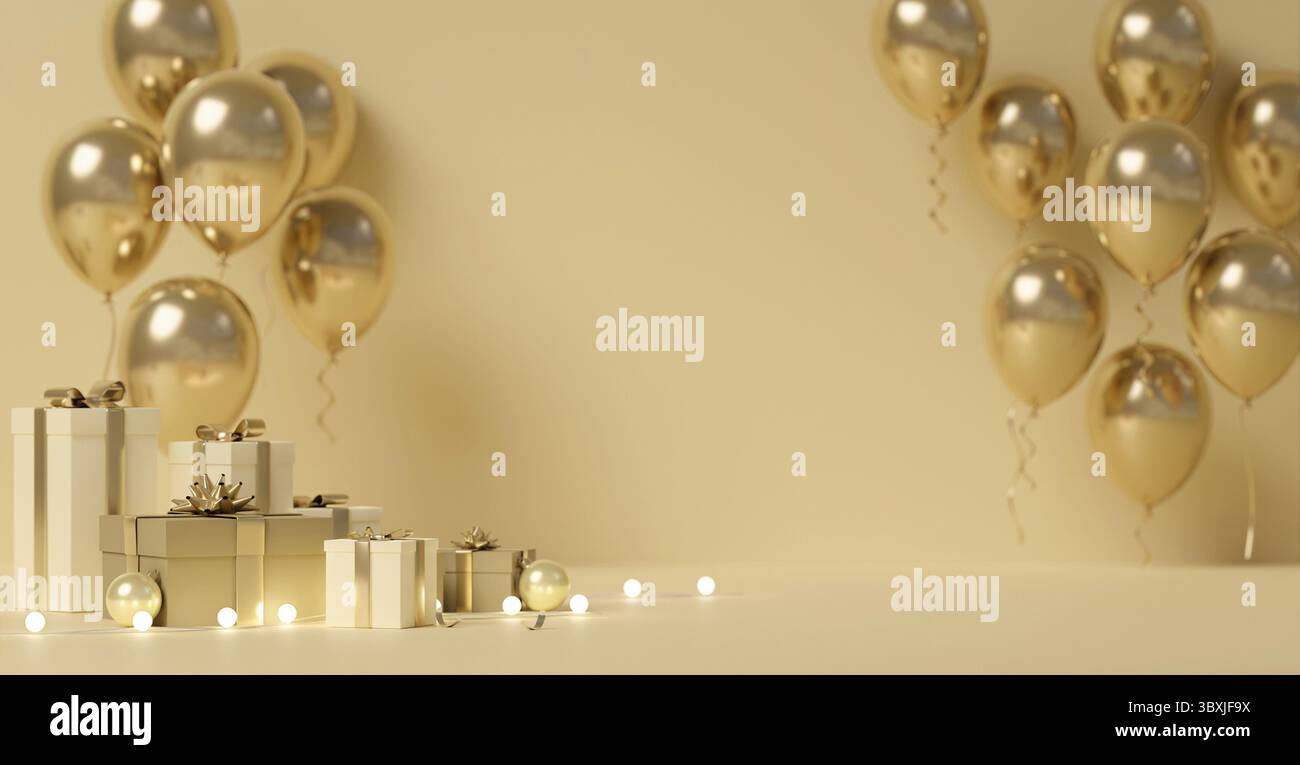 Luxuriöse Feier im Goldmotiv mit goldenen Ballons und sorgfältig verpackten Geschenkboxen vor goldenem Hintergrund Stockfoto