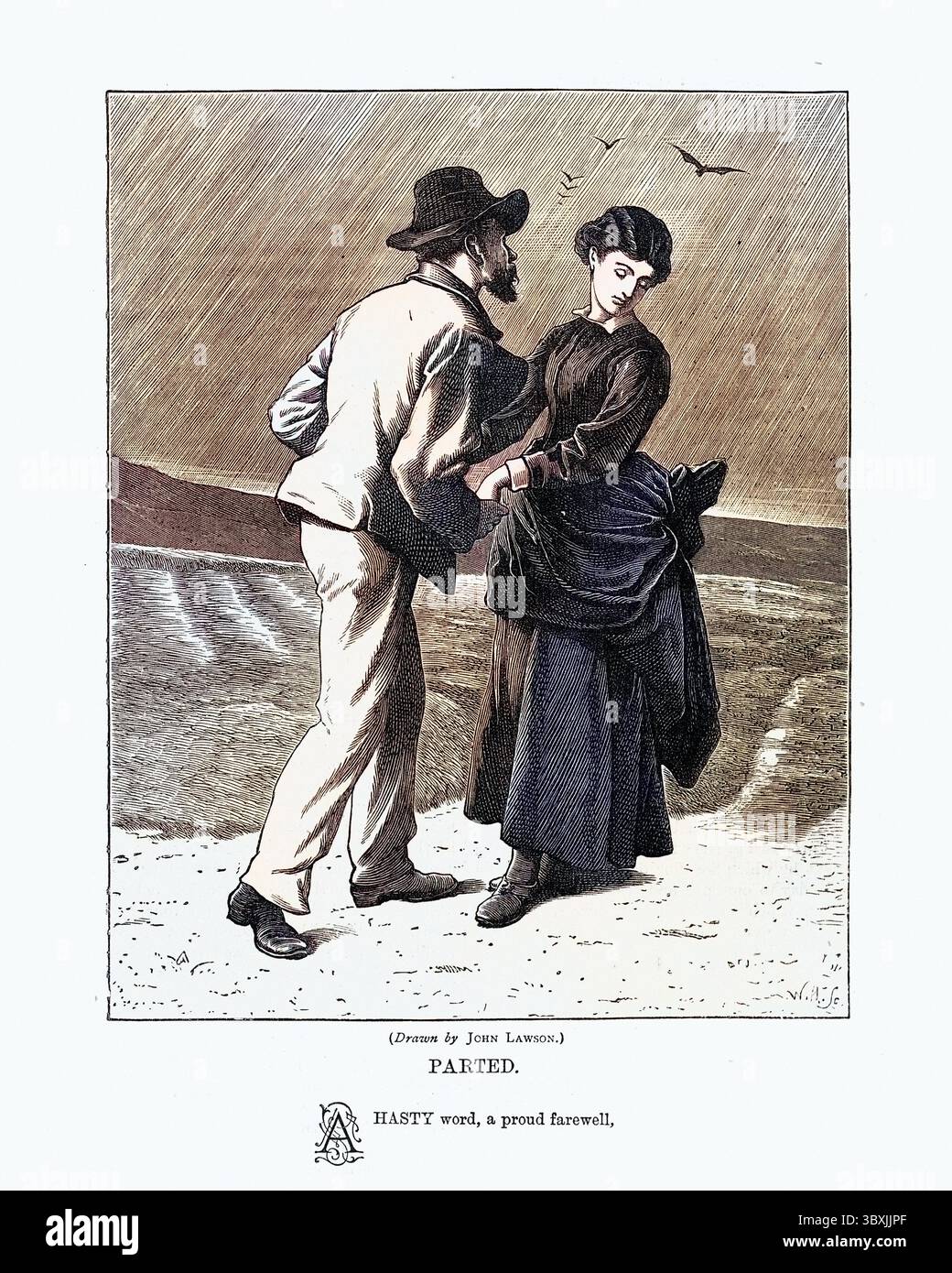 Vintage-Illustration eines Mannes, der versucht, eine Frau zu küssen, viktorianisch, 19. Jahrhundert. Abgetrennt, Ein voreiliges Wort, ein stolzer Abschied, John Lawson, 1877, Der Quiver Stockfoto