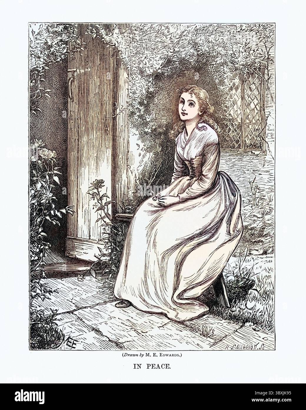 Vintage-Illustration einer jungen Frau, die friedlich im Garten sitzt, viktorianisch, 19. Jahrhundert. Von M E Edwards, 1877, The Quiver Stockfoto