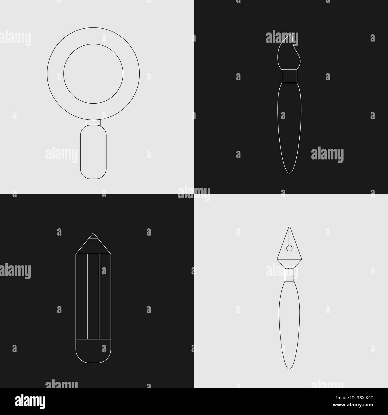 Kunst- und Schreibzubehör Icon Set mit Vergrößerungsglas, Pinsel, Bleistift und Füllfederhalter für Schule und kreatives Design Stock Vektor