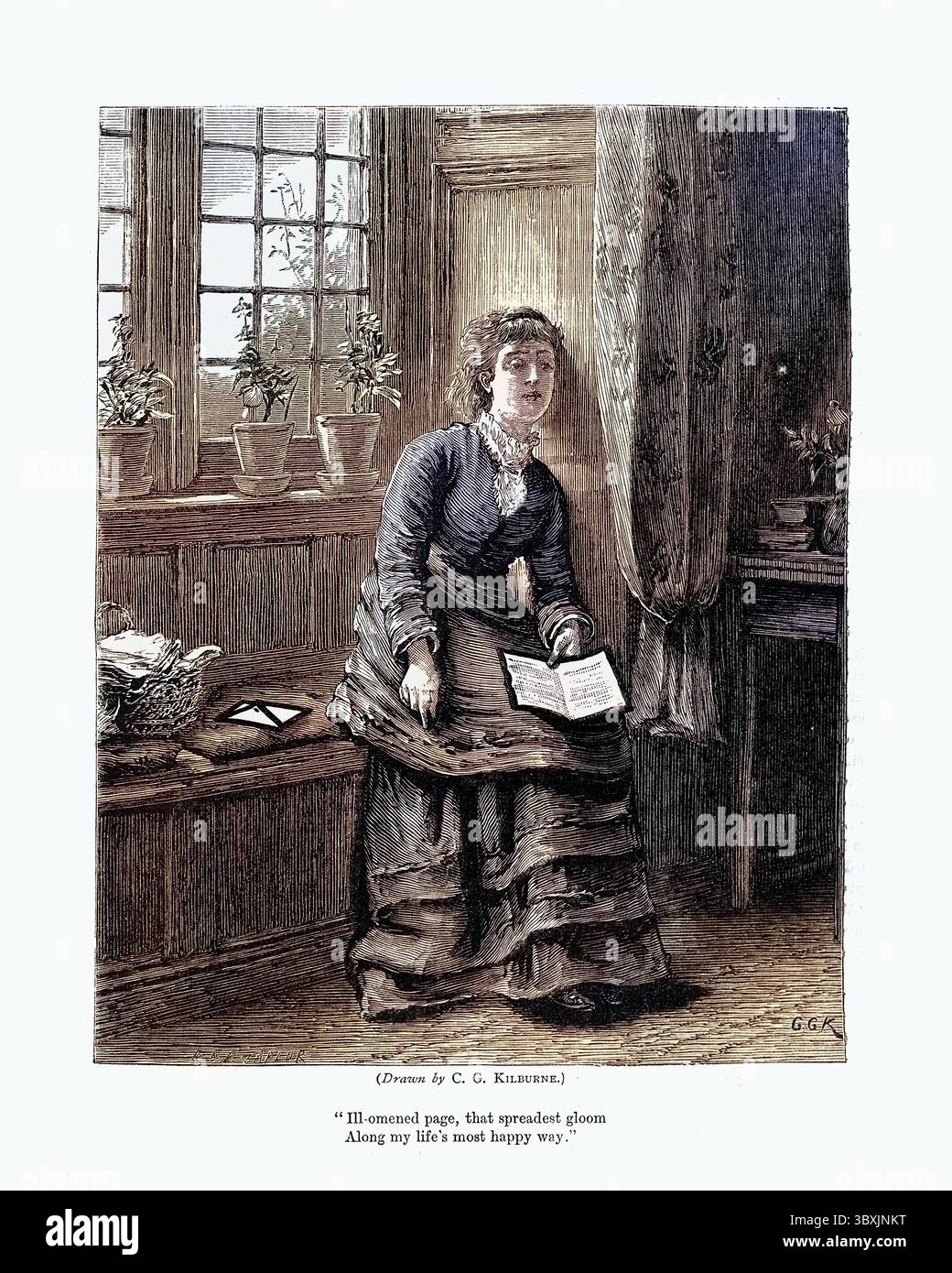 Vintage-Illustration einer jungen Frau, die ein deprimierendes Buch liest, viktorianische 1870er Jahre, 19. Jahrhundert Stockfoto