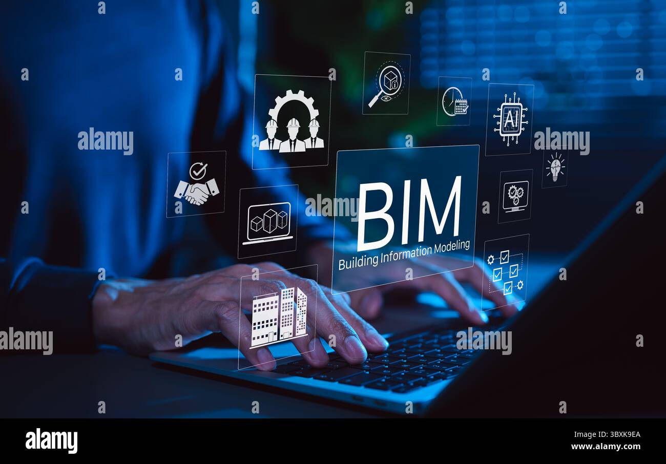 Building Information Modeling (BIM)-Technologiekonzept. Icons BIM, Architektur, Projektkooperation, 3D-Modellierung, KI-Assistent, Baudaten, Stockfoto