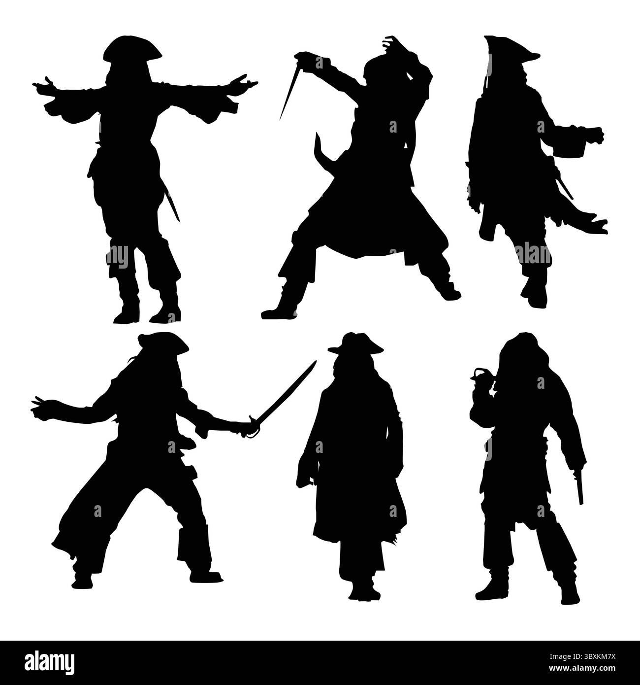 Pirates Silhouette Swashbuckling Buccaneers, Abenteuer-Konzept, Schatzsuche, flache Vektor-Illustration vol 02 Stock Vektor
