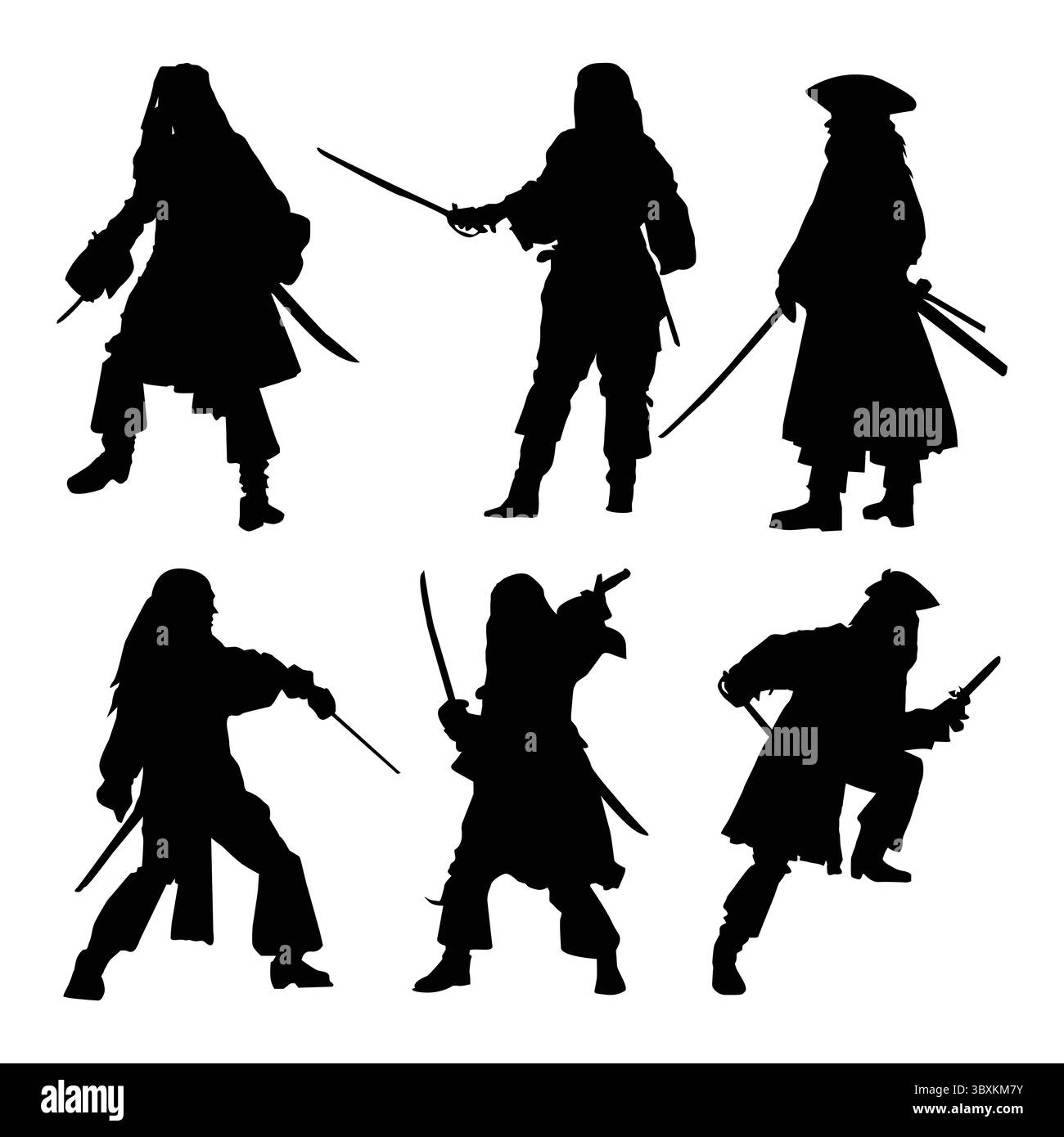 Pirates Silhouette Swashbuckling Buccaneers, Abenteuer-Konzept, Schatzsuche, flache Vektor-Illustration vol 03 Stock Vektor