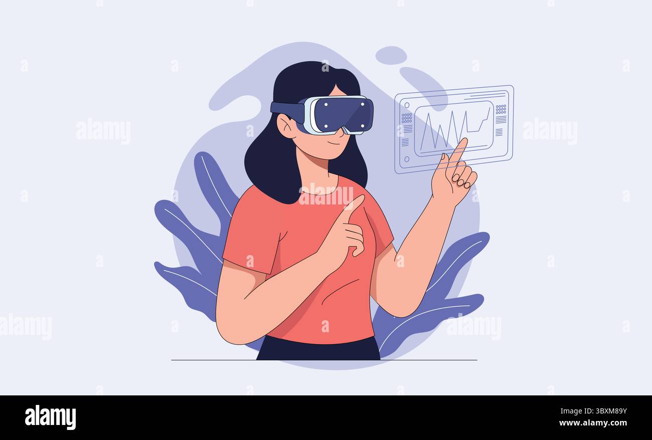 Eine Frau mit einer Virtual-Reality-Brille interagiert mit einem holografischen Bildschirm und repräsentiert immersive Technologie und futuristische Datenanalyse. Stock Vektor