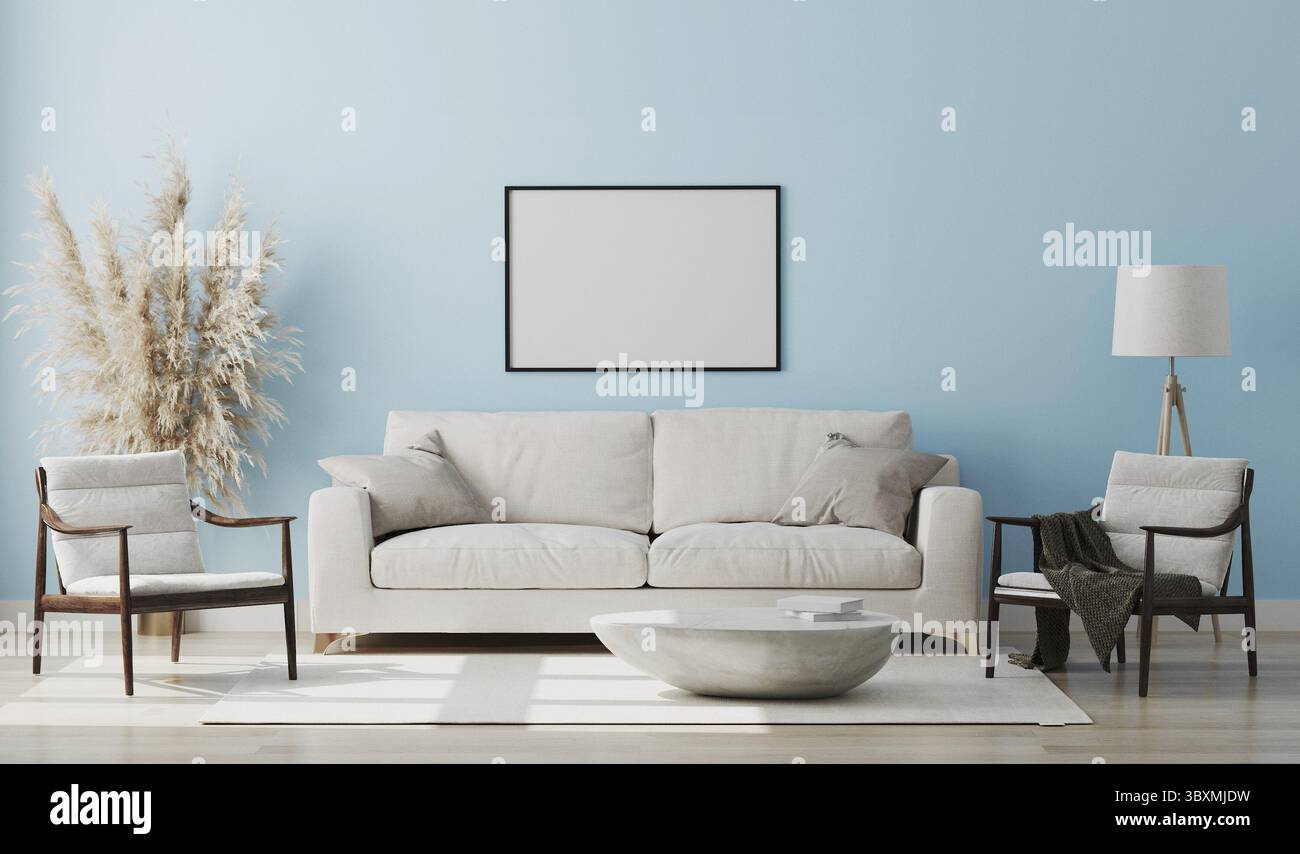 Leerer Bilderrahmen im hellblauen Innenraum, 3D-Rendering Stockfoto