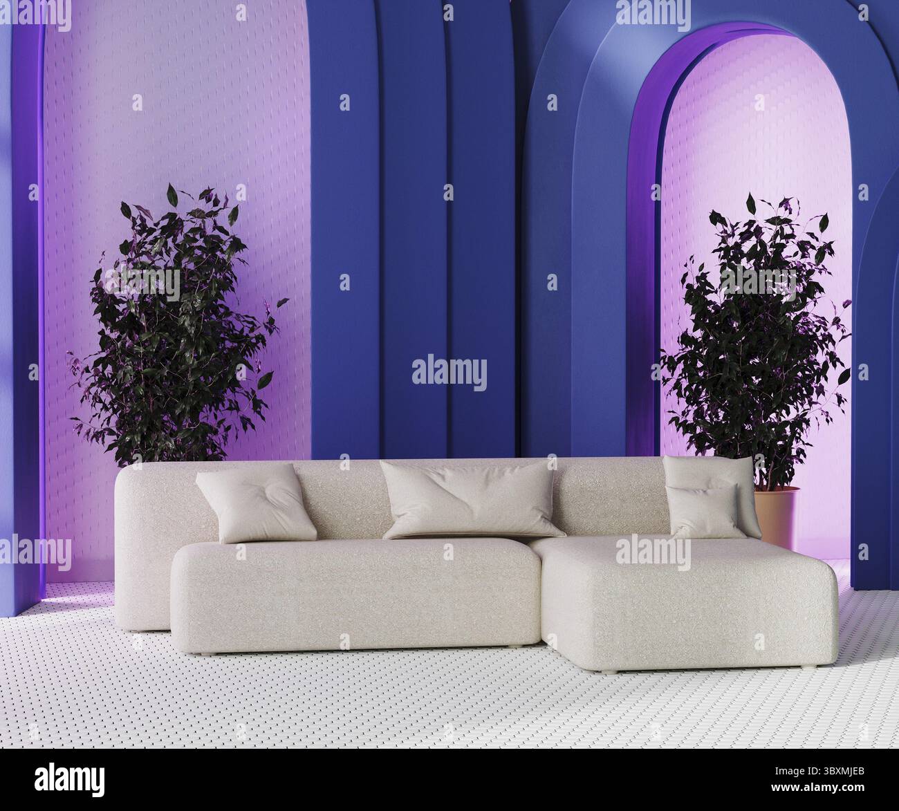 Modernes Zimmer mit weißem Sofa auf Mosaikfliesenboden, blauen Arhces mit Buchenbeleuchtung und pinkfarbenen Wänden, 3D-Rendering Stockfoto