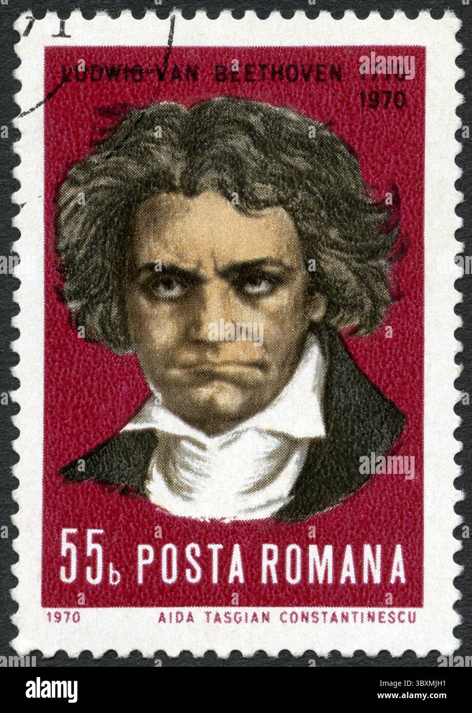 RUMÄNIEN - UM 1970: Ein in Rumänien gedruckter Stempel zeigt Ludwig van Beethoven (1770–1827), Komponist, um 1970 Stockfoto