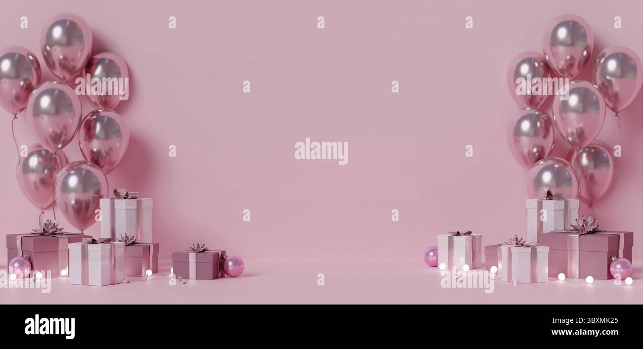 Luxuriöse pinke Festszene mit glänzenden Ballons und Geschenkboxen in verschiedenen Größen auf rosa Hintergrund Stockfoto