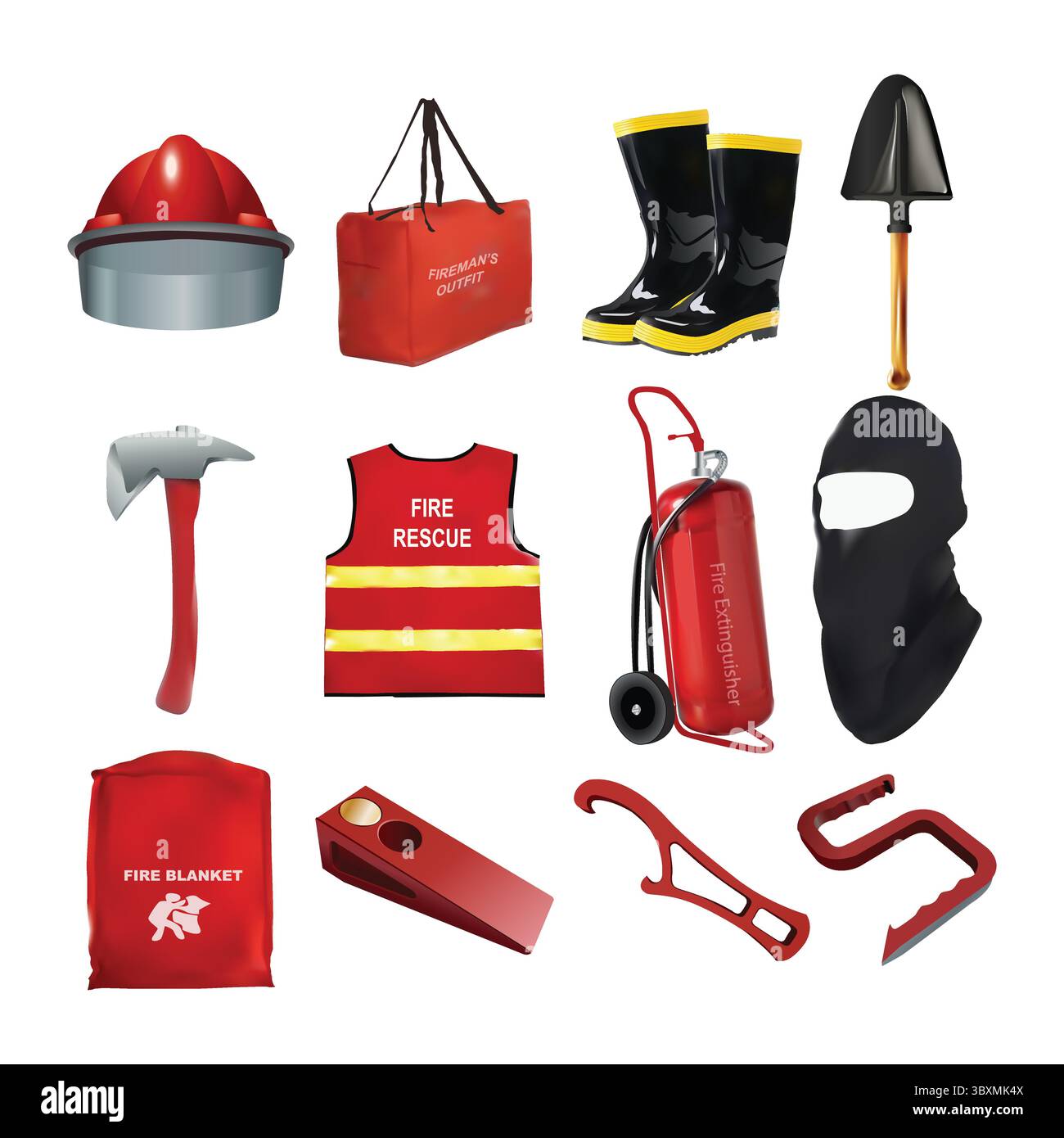 Satz von Feuerlöschausrüstung, Feuerlöscher, Feuerdecke, Feuerhelmillustration auf weißem Hintergrund Vol 01 Stock Vektor